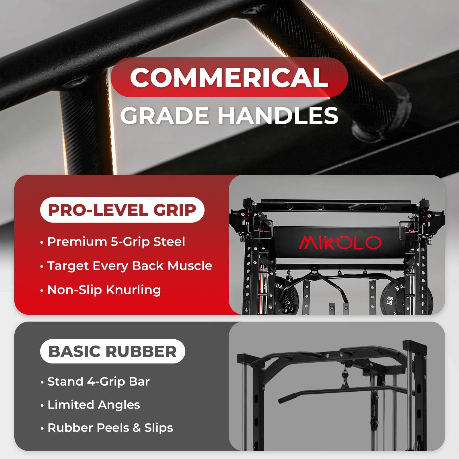 COMMERCIAL GRADE HANDLES

PRO-LEVEL GRIP
- Premium 5-Grip Steel
- Target Every Back Muscle
- Non-Slip Knurling

BASIC RUBBER
- Stand 4-Grip Bar
- Limited Angles
- Rubber Peels & Slips