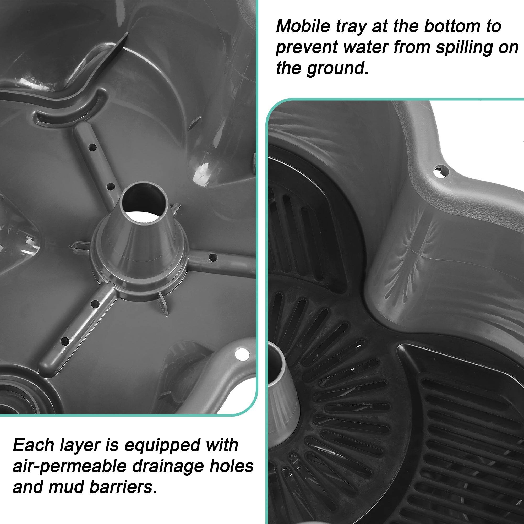 Mobile tray at the bottom to prevent water from spilling on the ground.

Each layer is equipped with air-permeable drainage holes and mud barriers.