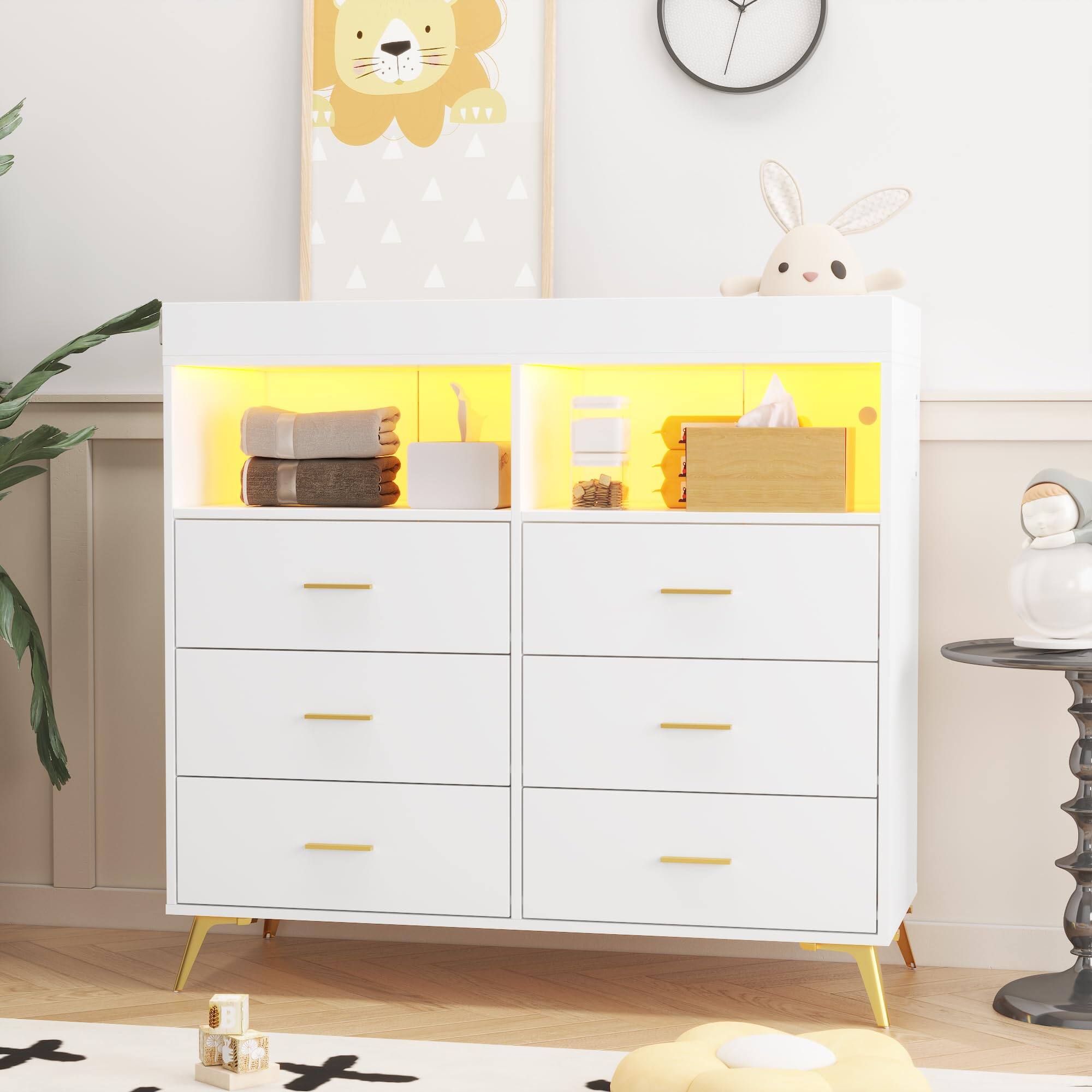 Babevy - Baby Changing Table Dresser w/ 6 Drawers, 2 Open Shelves - Diaper Station w/ LED Lights & Power Outlet - White price history on PriceWatchPro