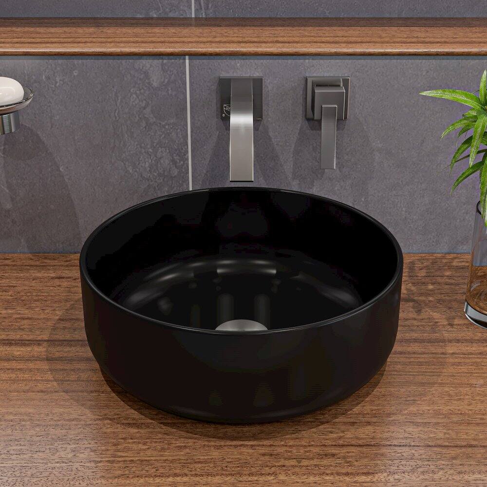 Left. Alfi - Black Matte 15" Round Above Mount Ceramic Sink - Black.