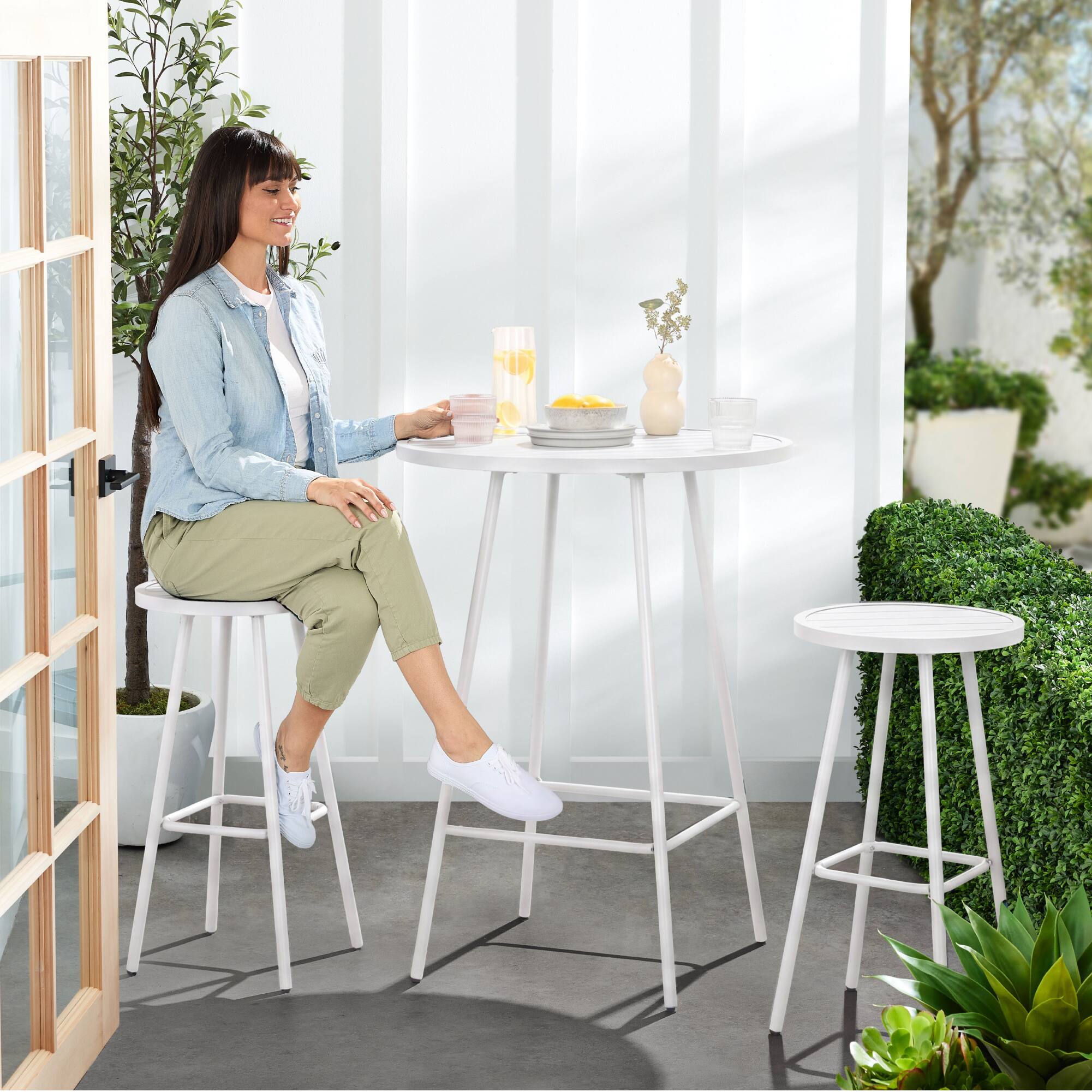 Alt View 8. Best Choice Products - Best Choice Products 3-Piece Steel Patio Bar Height Round Bistro Set w/ Backless Stools, Slatted Design - White - White.