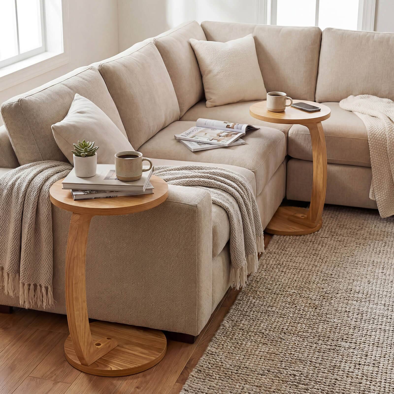 Alt View 1. Costway - Costway 1 PCS Round C-shaped Side Table, 24" Solid Teak Wood End Table with Thickened Top - Natural.