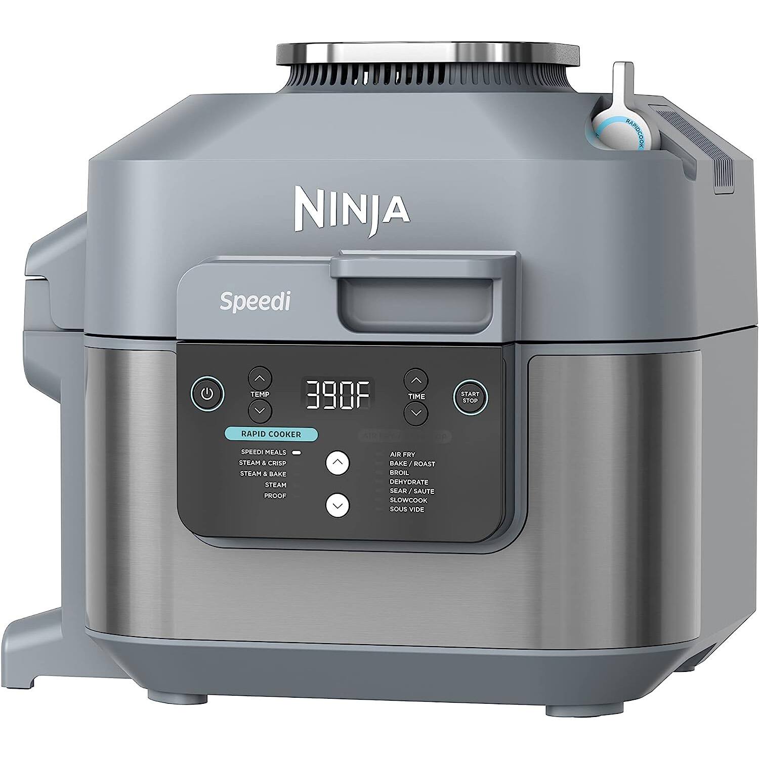 NINJA Speedi

TEMP 390°F

TIME 17:00

RAPID COOKER
- SPEEDI MEALS
- STEAM & CRISF
- STEAM
- STEAM PROOF
- AIR FRY
- ROAST
- BAKE
- BROIL
- DEHYDRATE
- SEAR/SAUTÉ
- SLOWCOOK
- SOUS VIDE