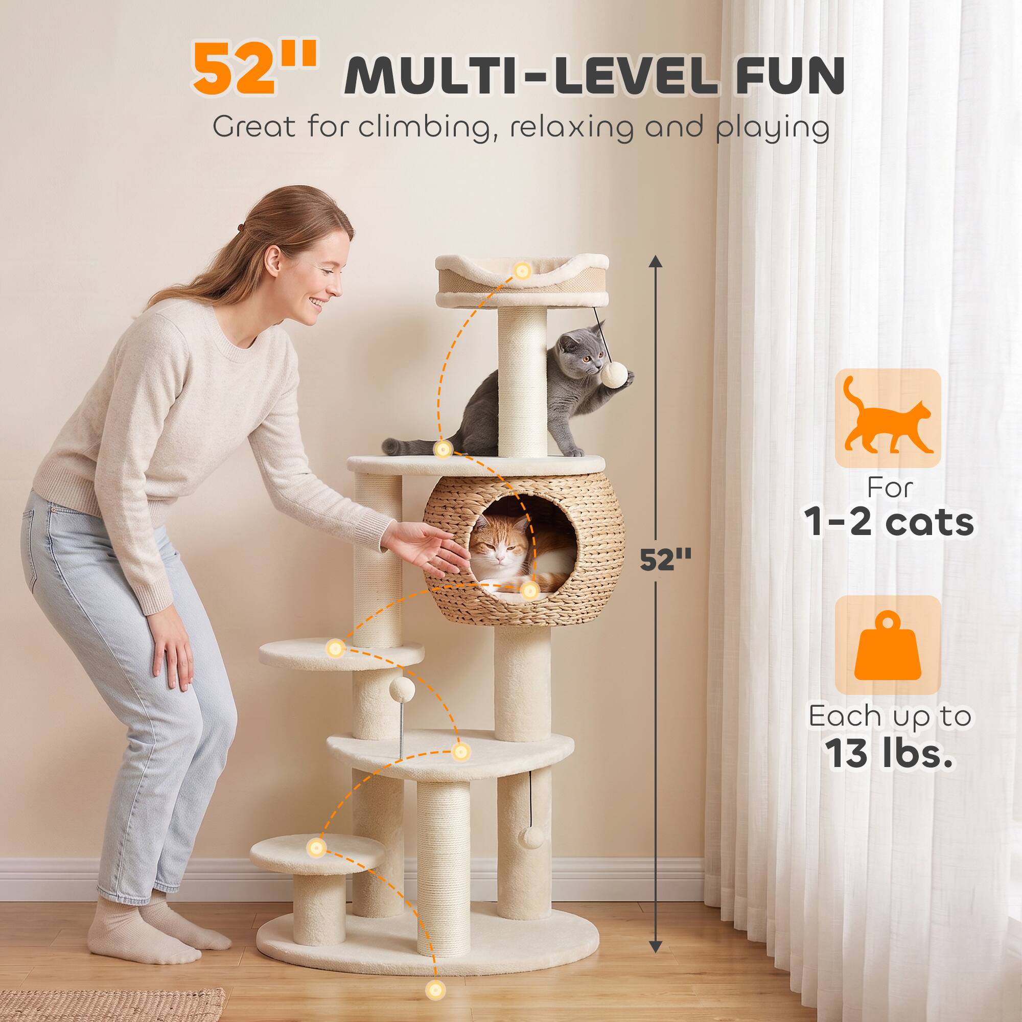 52" MULTI-LEVEL FUN  
Great for climbing, relaxing and playing  
For 1-2 cats  
Each up to 13 lbs.