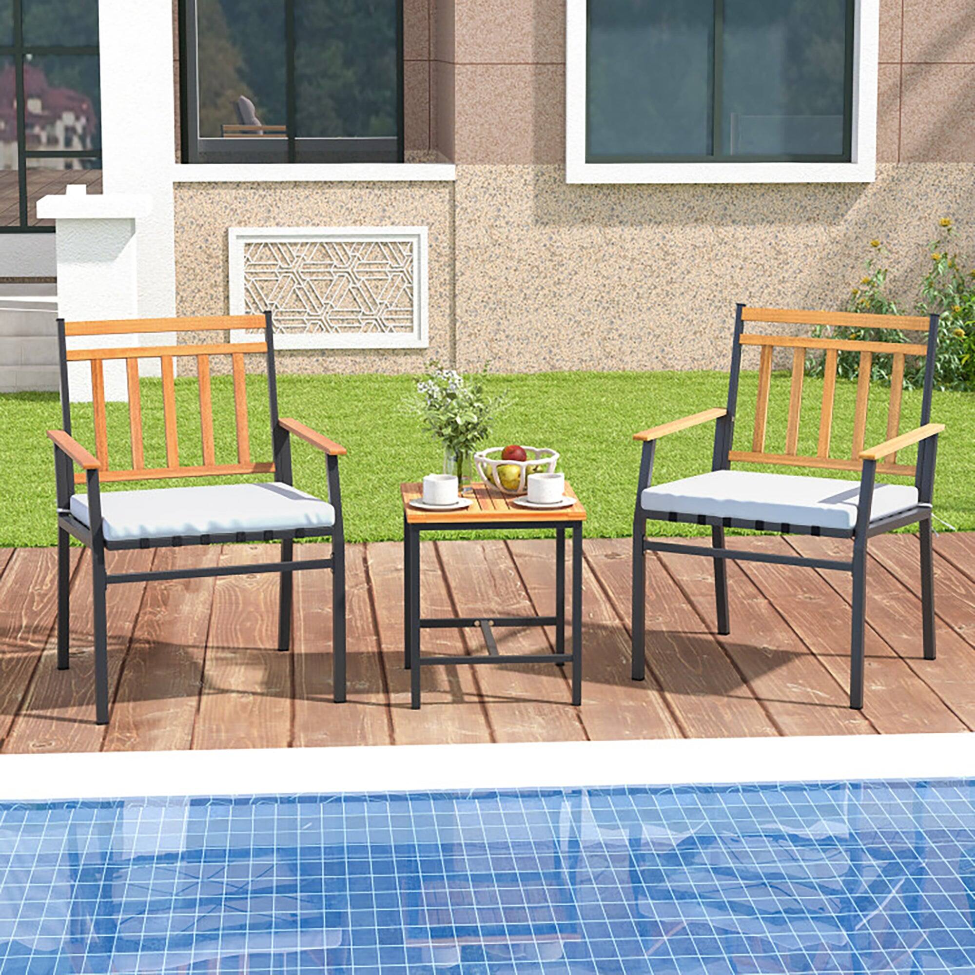 Alt View 7. Boyel Living - 3 Pieces Outdoor Furniture Set Acacia Wood Patio Conversation Set with Cushions - White.