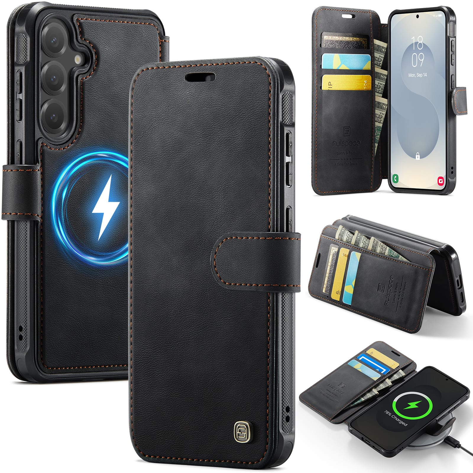 Dteck - Wallet Case for Samsung Galaxy S24 FE, Compatible with MagSafe, PU Leather Flip RFID Blocking Card Holder Cover - Black