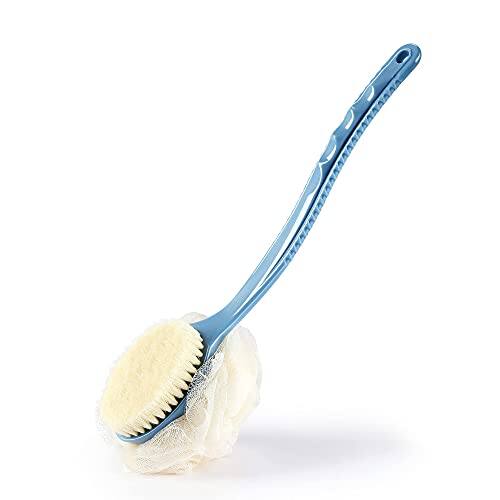 Front. DORLUKFU - Shower Body Brush with Bristles and Loofah,Back Scrubber Bath Mesh Sponge with Curved Long Handle for Skin Exfoliating.