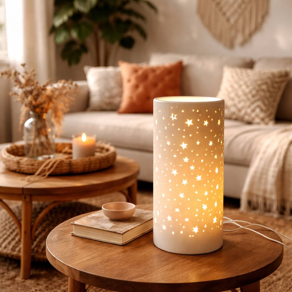 Front. FC Design - 11"H Golden Cylinder w/ Starry Cutout Glow Design Table Lamp.