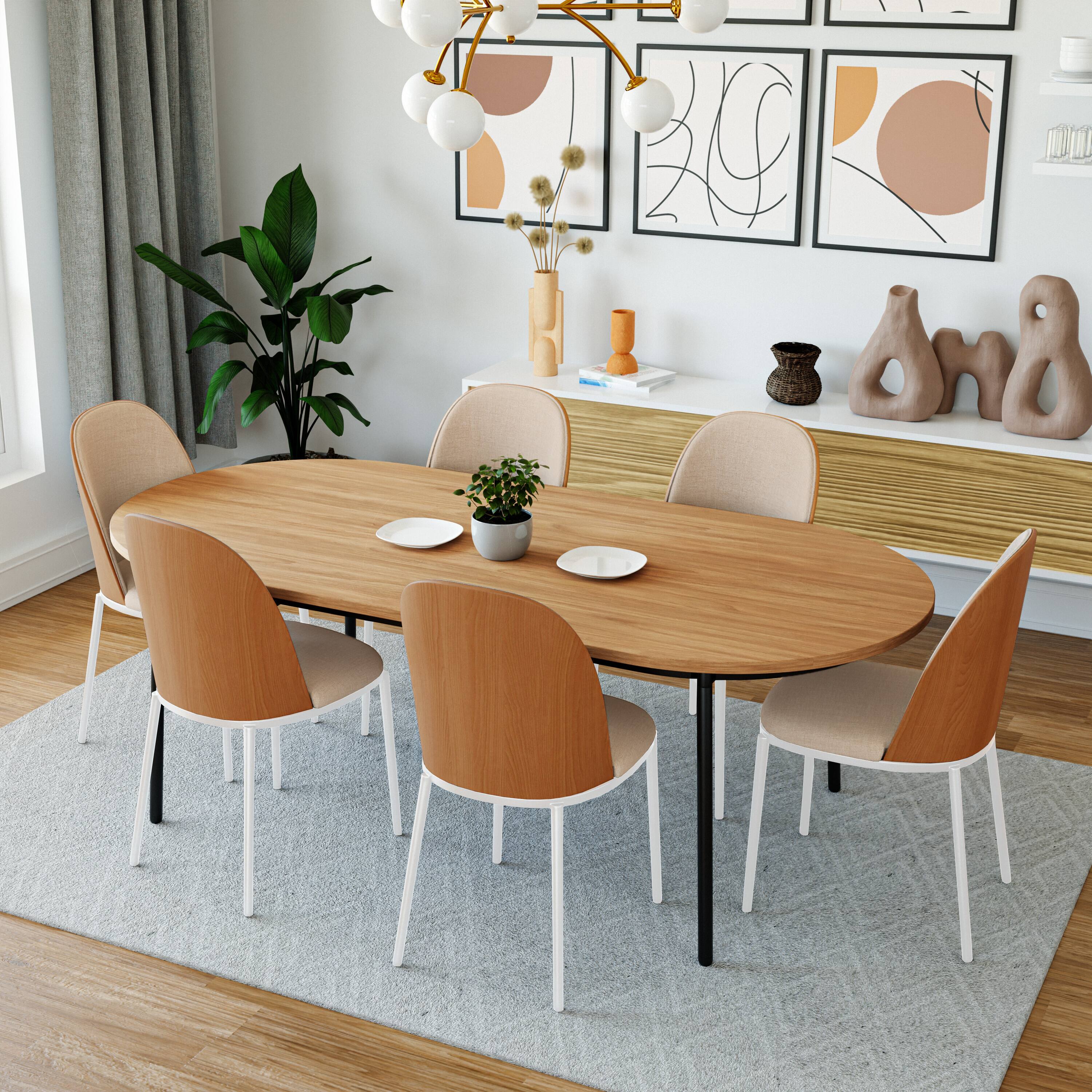 Angle. LeisureMod - Tule Vintage Mid-Century Dining Chair, Modern Fabric Upholstered Kitchen Side Chair with Protective Floor Glides - Natural Wood/Brown.