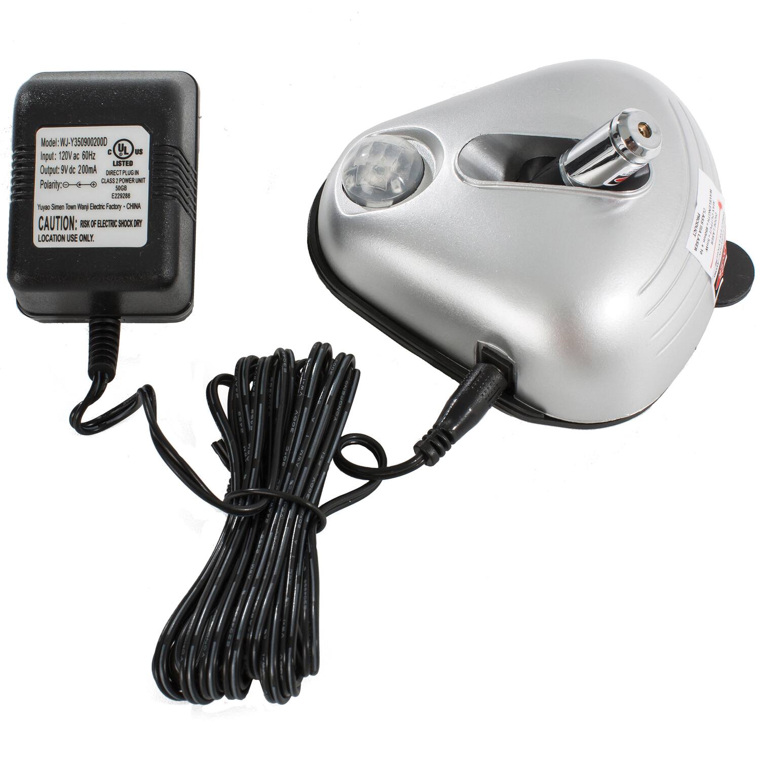 Model: WL-Y3509002000  
Input: 120V ac 60Hz  
Output: 9V 200mA  
Polarity: -  
UL Listed  
Direct Plug-in  
Class 2 Power Unit  
E20388  
Yunyang Small Town Yuyang Electric Factory - China  
CAUTION: Risk of Electric Shock - Dry Location Use Only