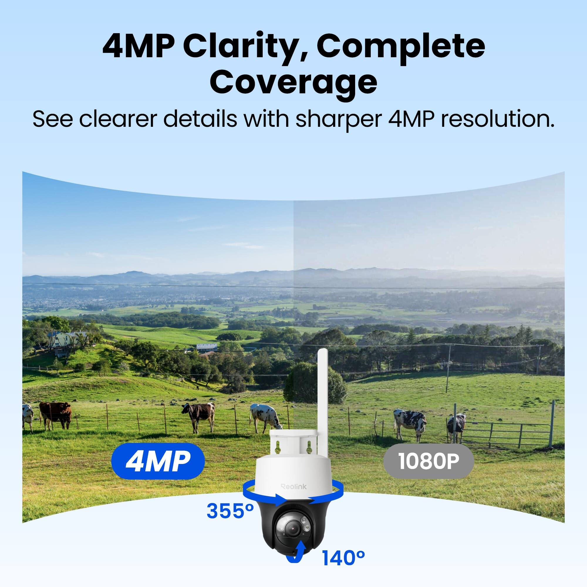4MP Clarity, Complete Coverage  
See clearer details with sharper 4MP resolution.  
COMMY  
4MP  
Reolink  
1080P  
355°  
140°