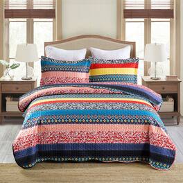 MarCielo - Soft Polyester 3 Pcs Bohemian Striped Multicolor Quilt Bedspread Set - Multicolored