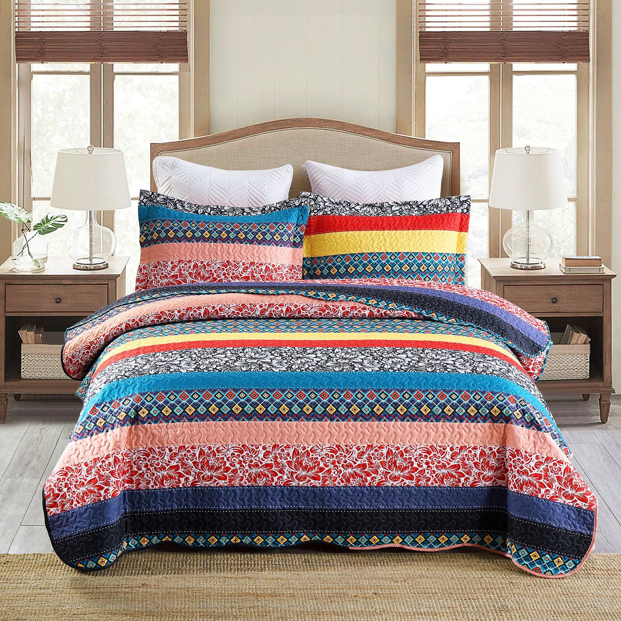 Front. MarCielo - MarCielo Soft Polyester 3 Pcs Bohemian Striped Multicolor Quilt Bedspread Set - Multicolored.