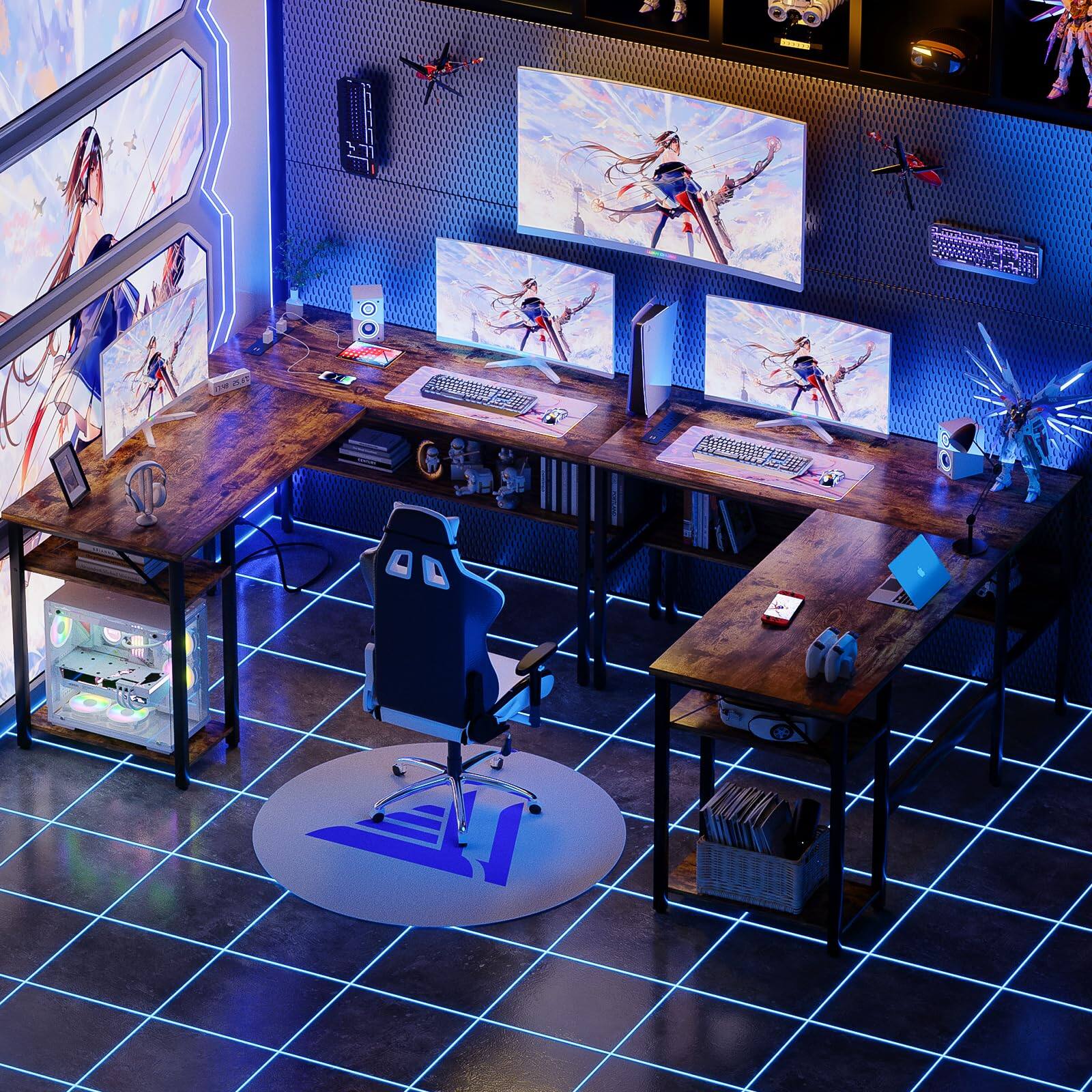 Alt View 5. Fabibe - L Shaped Computer Desk With Magic Power Outlets And Usb Charging Port Sturdy Reversible Corner Storage Shelves Office De - Black Desk.