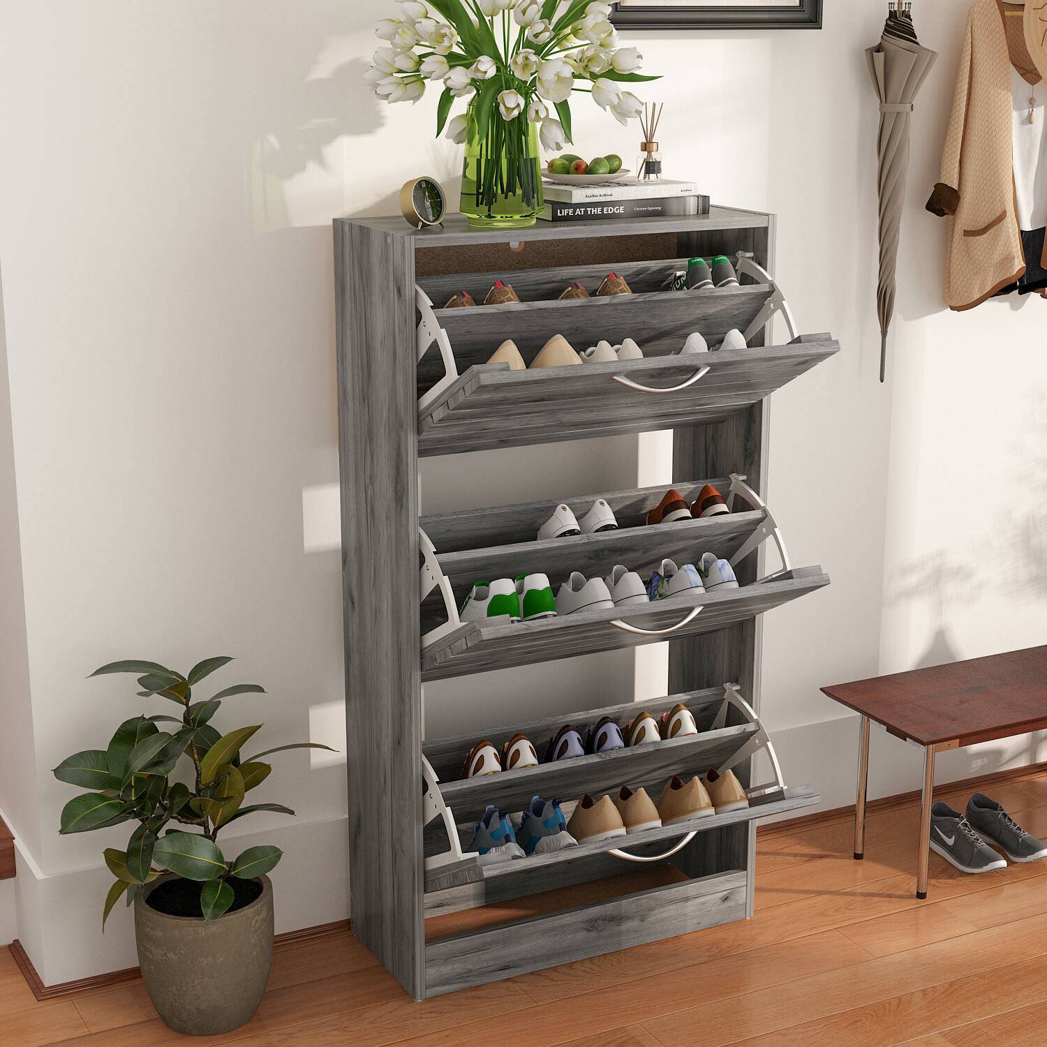 HOUSE INDUSTRIES カリモク　シェルフ Famapy Multi Tier Flip Down Shoe Storage Cabinet – Rustic Wood