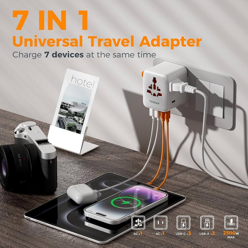 7 IN 1  
Universal Travel Adapter  
Charge 7 devices at the same time  

TESSAR  

AC x 1  
AC x 1  
USB-C x 3  
USB-A x 2  
2500W MAX