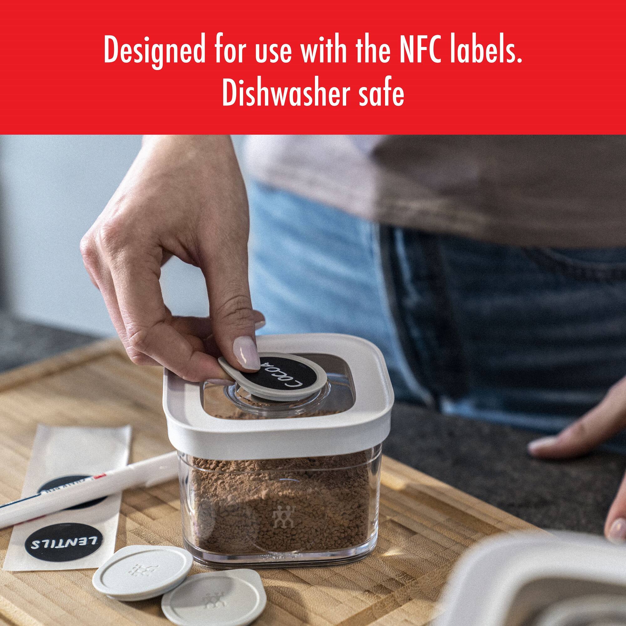 Designed for use with the NFC labels.  
Dishwasher safe