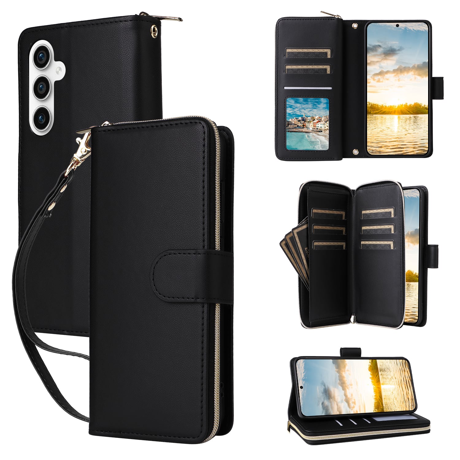 Dteck - Crossbody Wallet Case for Samsung Galaxy S25 FE, Shockproof Zipper Pocket PU Leather Folio Cover with 9 Card Slots - Black
