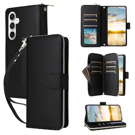 Dteck - Crossbody Wallet Case for Samsung Galaxy S25 FE, Shockproof Zipper Pocket PU Leather Folio Cover with 9 Card Slots - Black