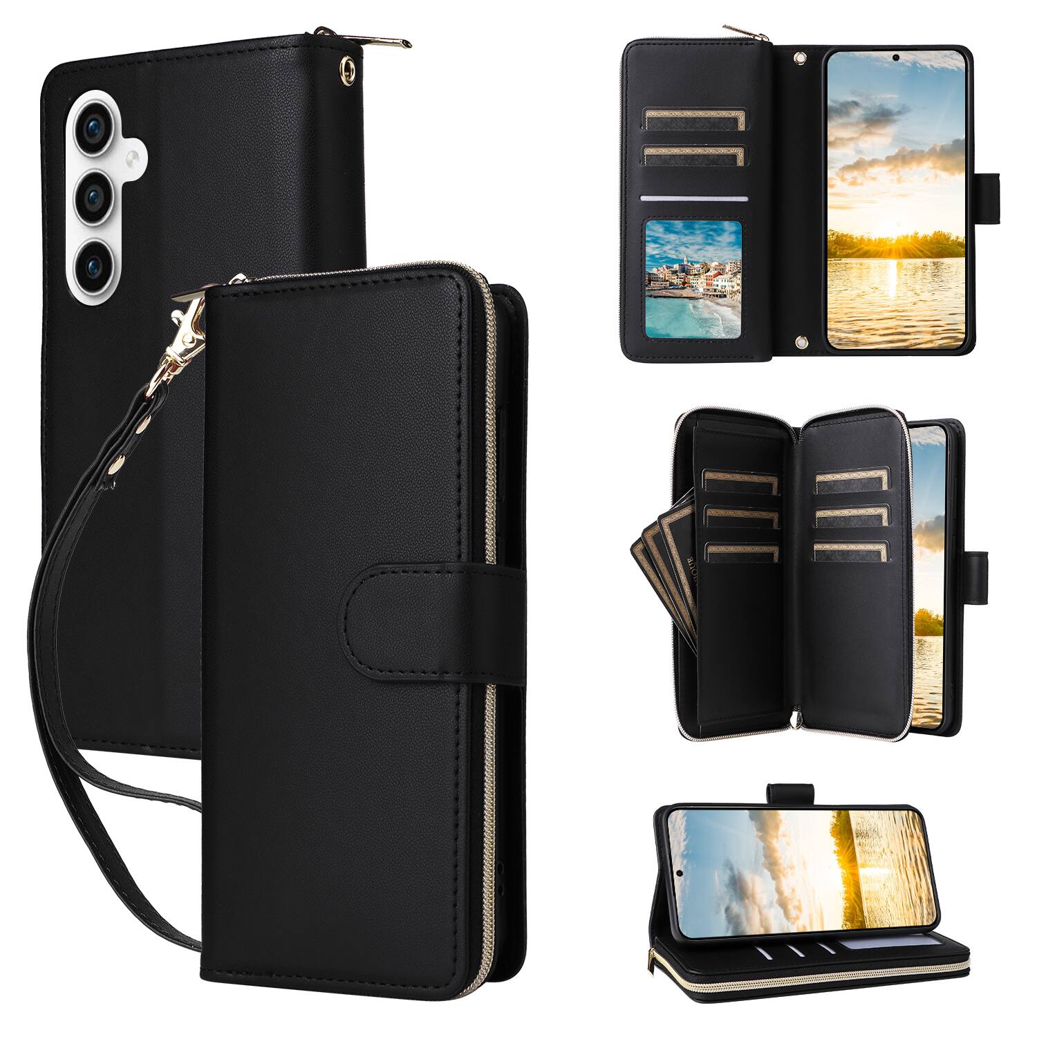 Front. Dteck - Crossbody Wallet Case for Samsung Galaxy S25 FE, Shockproof Zipper Pocket PU Leather Folio Cover with 9 Card Slots - Black.