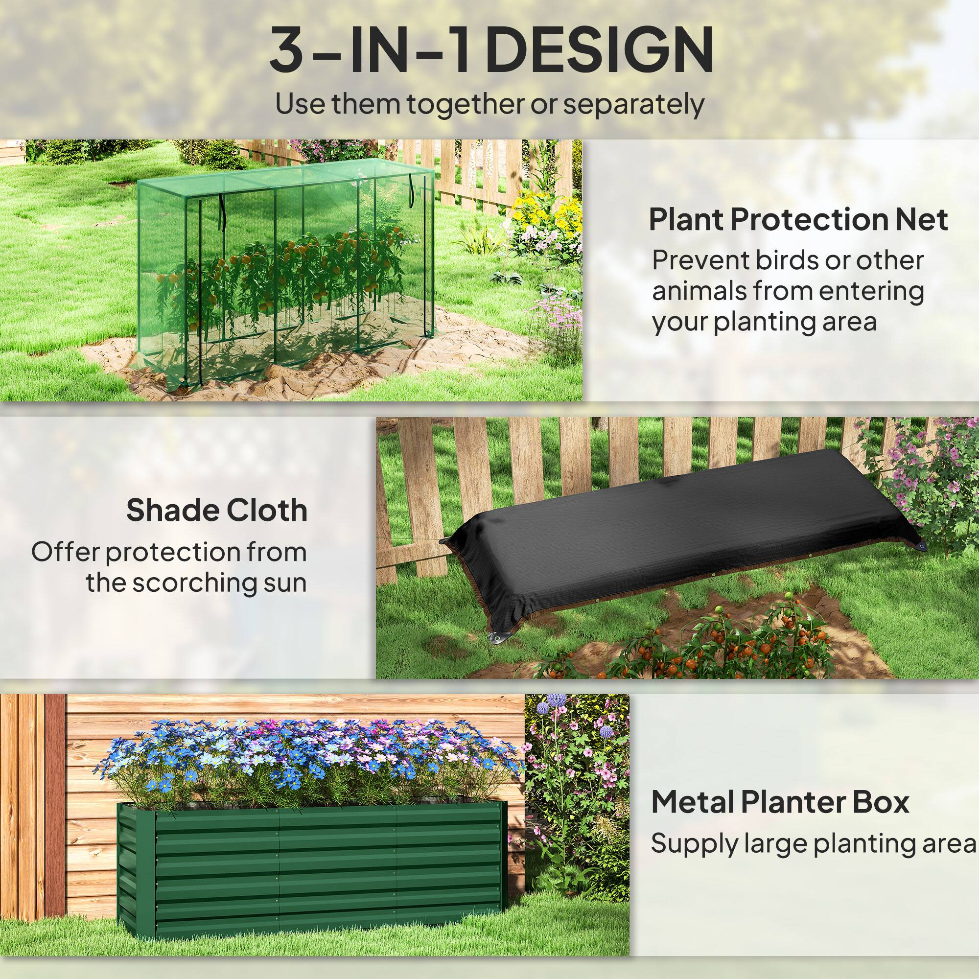 3-IN-1 DESIGN

Plant Protection Net
Shade Cloth
Metal Planter Box
