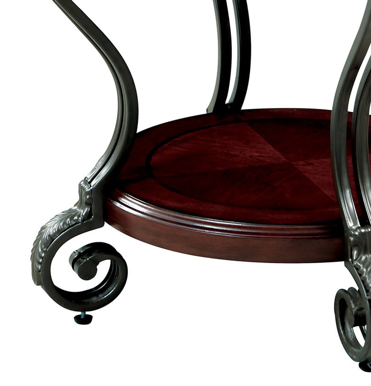 Alt View 3. Manhattan Lane - Round Wood and Metal End Table with Scroll Details, Brown - Brown.