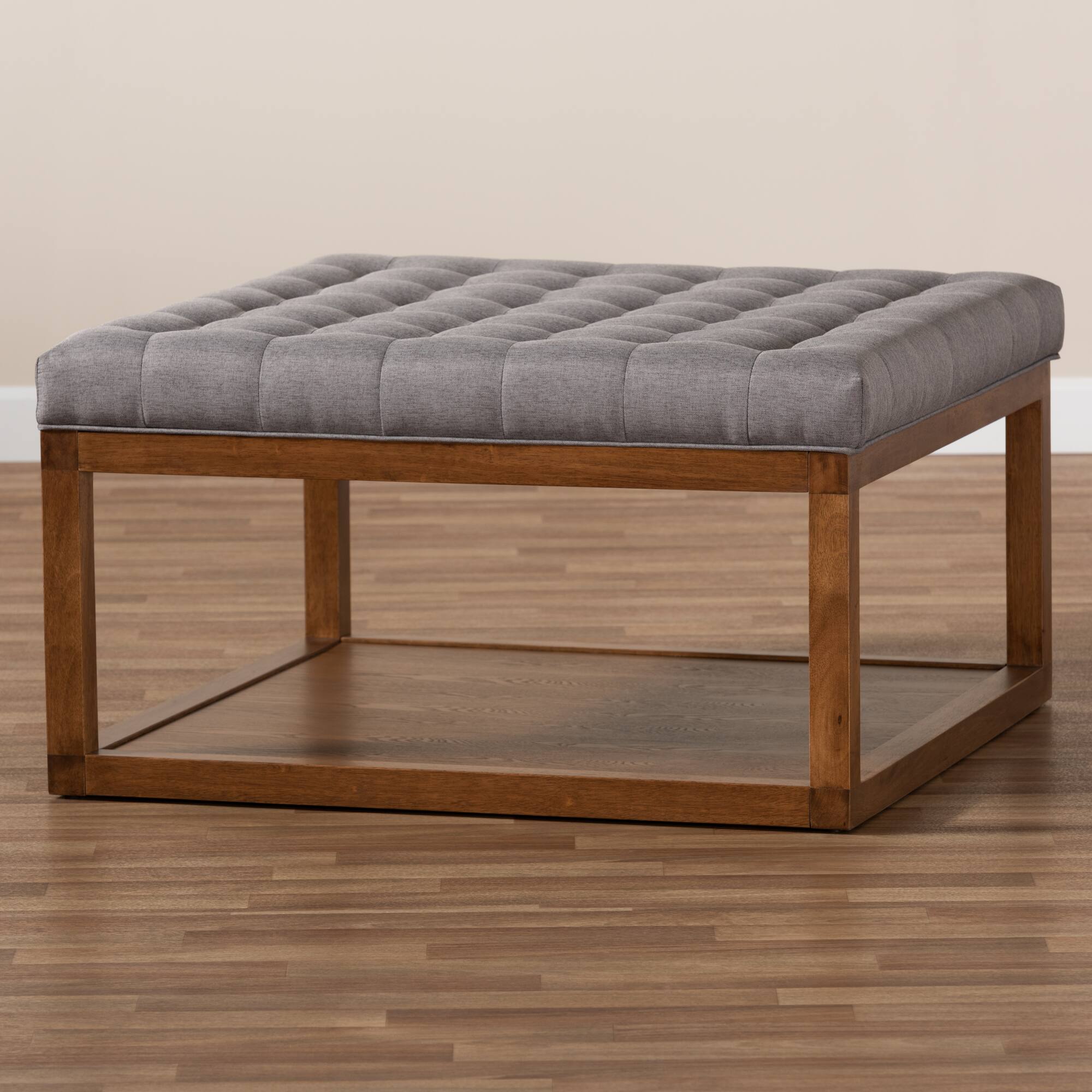 Alt View 2. Baxton Studio - Alvere Modern and Contemporary Fabric Upholstered Walnut Finished Cocktail Ottoman - Grey/Walnut.