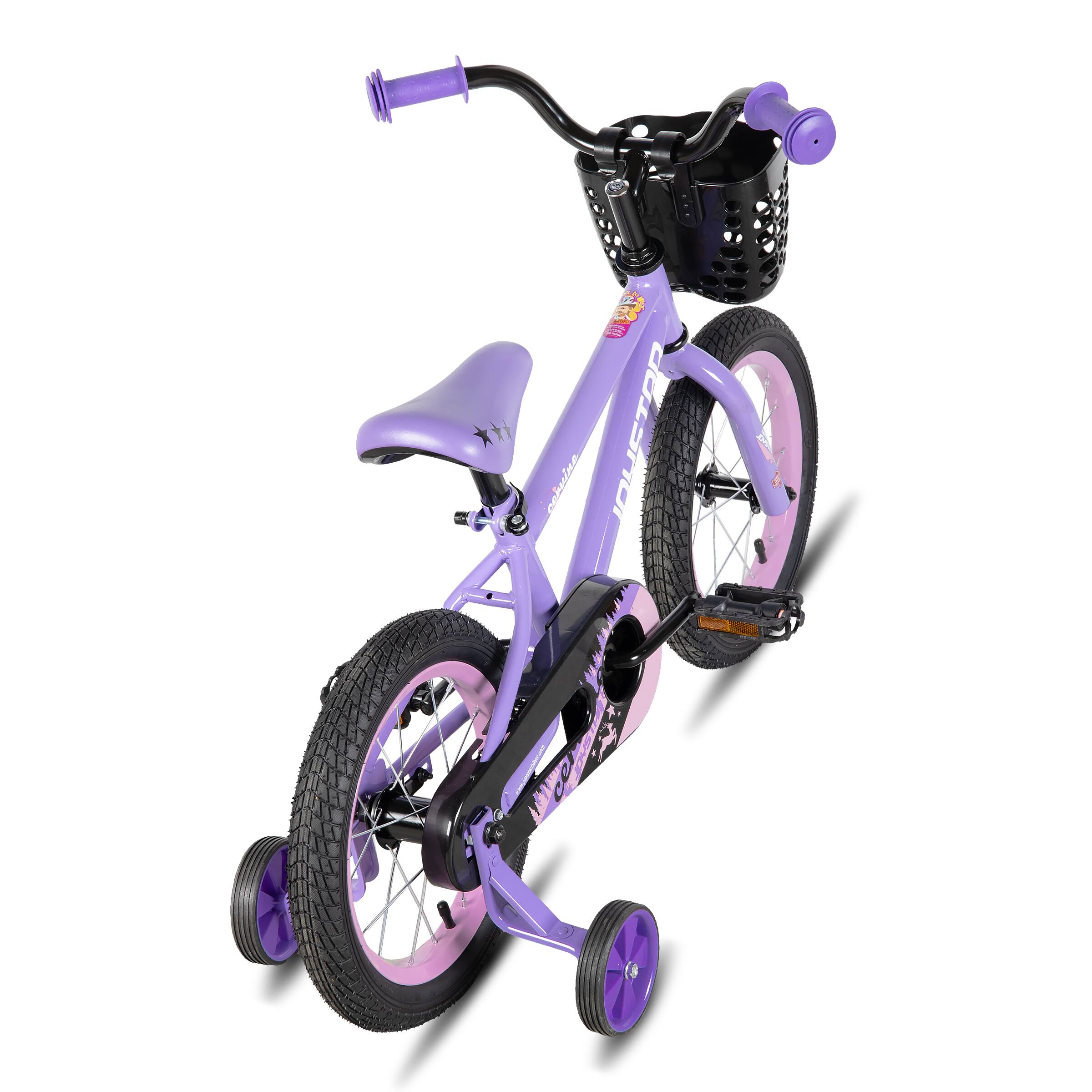 A small purple children's bike with training wheels, a black basket, and a purple seat.