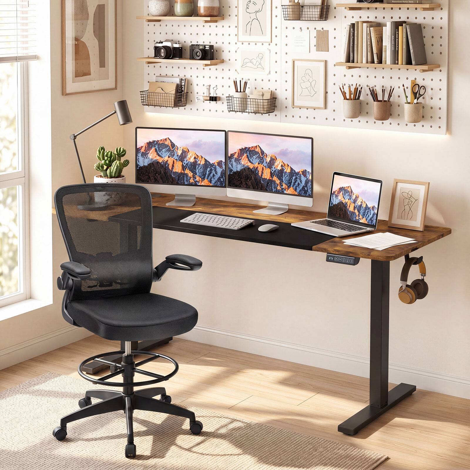 Alt View 3. Costway - Costway 63 x 24 Inch Electric Standing Desk with 3 Memory Presets, Cable Management & Hook - Rustic Brown+Black.