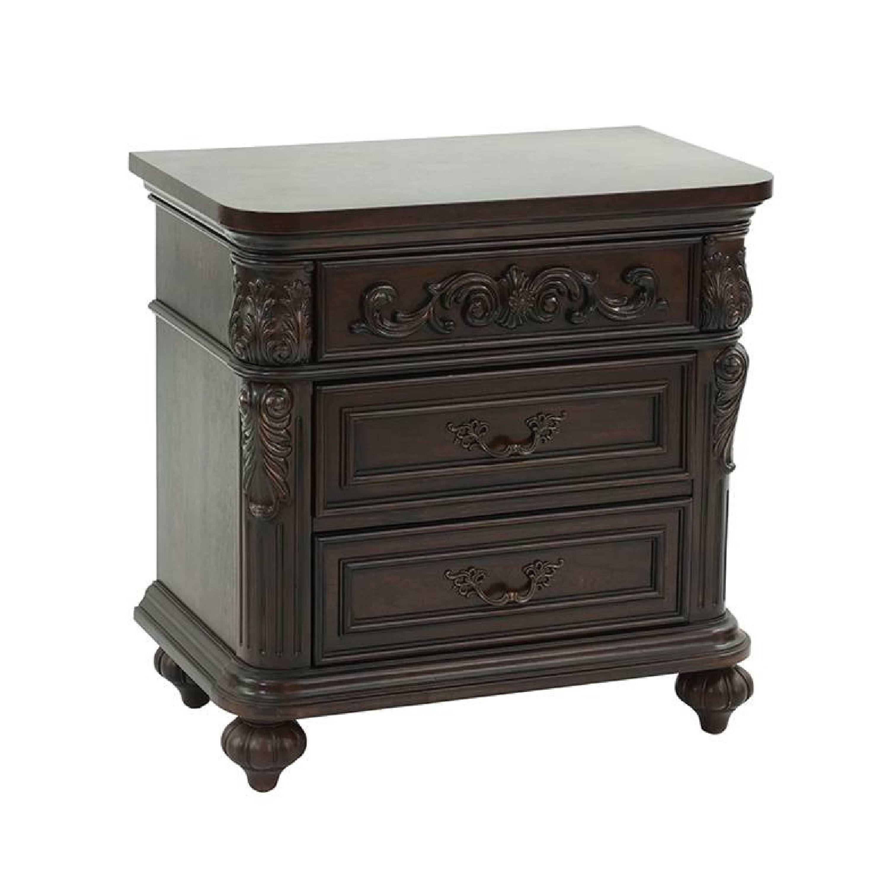 Front. Manhattan Lane - 30 Inches 3 Drawer Engraved Wooden Nightstand - Brown.