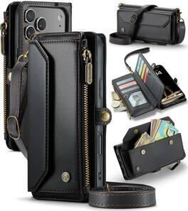 Dteck - Wallet Case for Apple iPhone 17 Pro Max, PU Leather RFID Blocking Card Holder Kickstand Cover with Crossbody Strap - Black