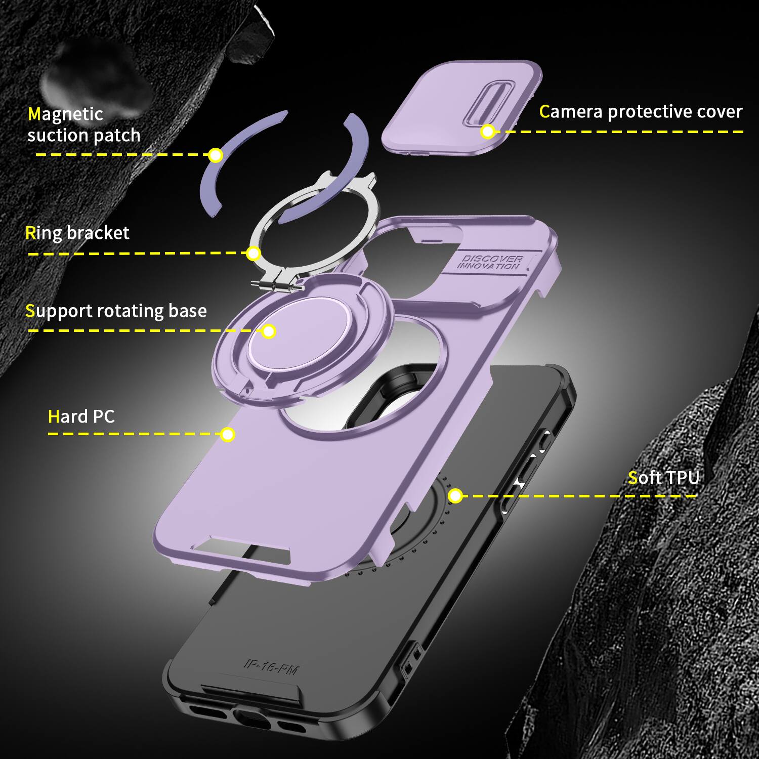 Magnetic suction patch  
Camera protective cover  
Ring bracket  
DISCOVER INNOVATION  
Support rotating base  
Hard PC  
Soft TPU  
IP-16-PM