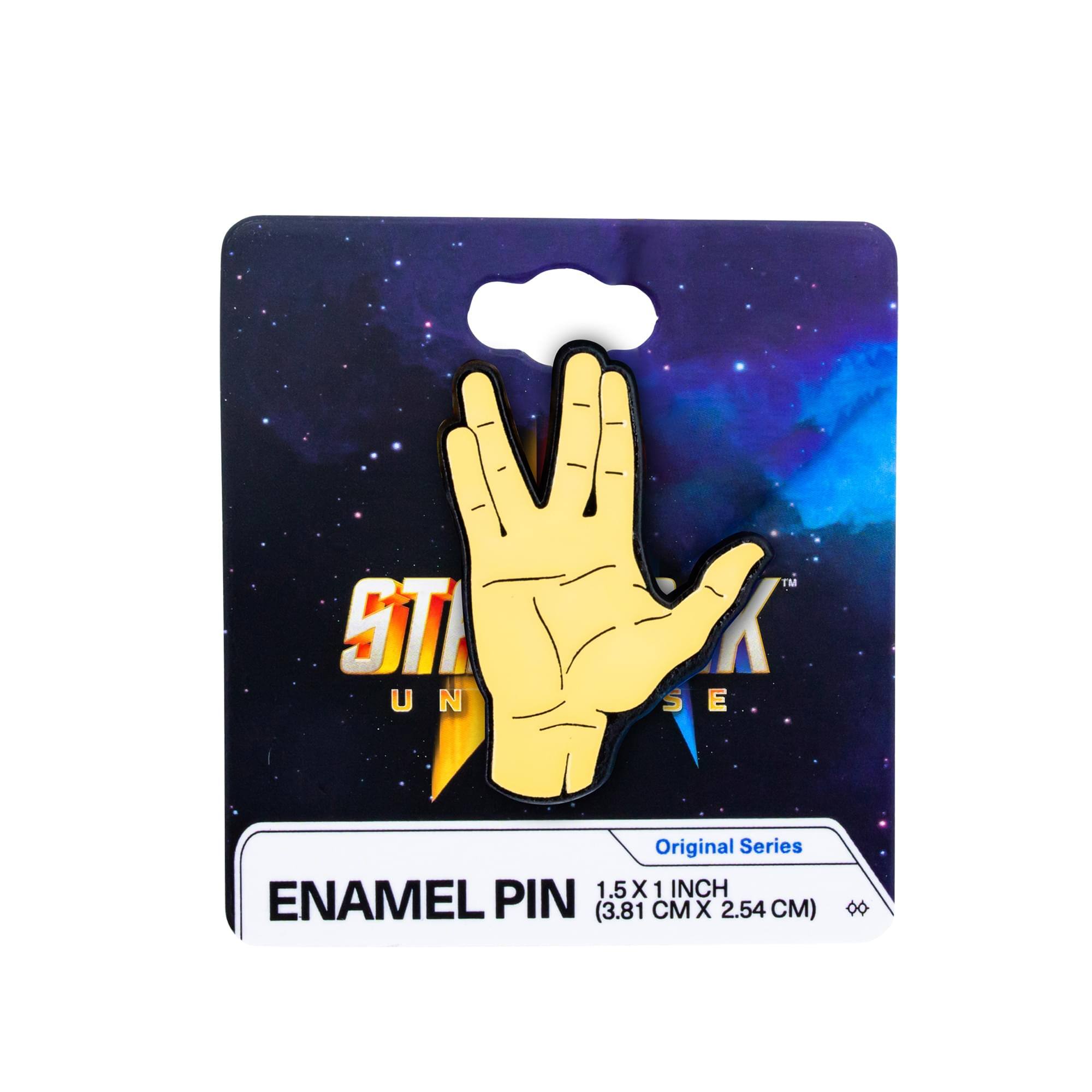 Sure, here is the corrected and grouped text from the image:

---

**Star Trek**

**Original Series**

**Enamel Pin**

**1.5 x 1 Inch (3.81 cm x 2.54 cm)**

---