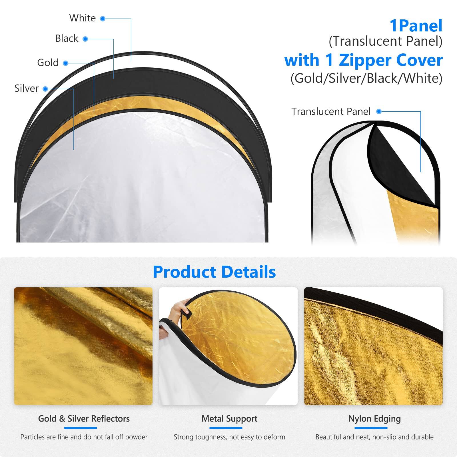 White Black Gold Silver 1 1Panel (Translucent Panel) with 1 Zipper Cover (Gold/Silver/Black/White) Translucent Panel

Product Details

Gold & Silver Reflectors
Particles are fine and do not fall off powder

Metal Support
Strong toughness, not easy to deform

Nylon Edging
Beautiful and neat, non-slip and durable