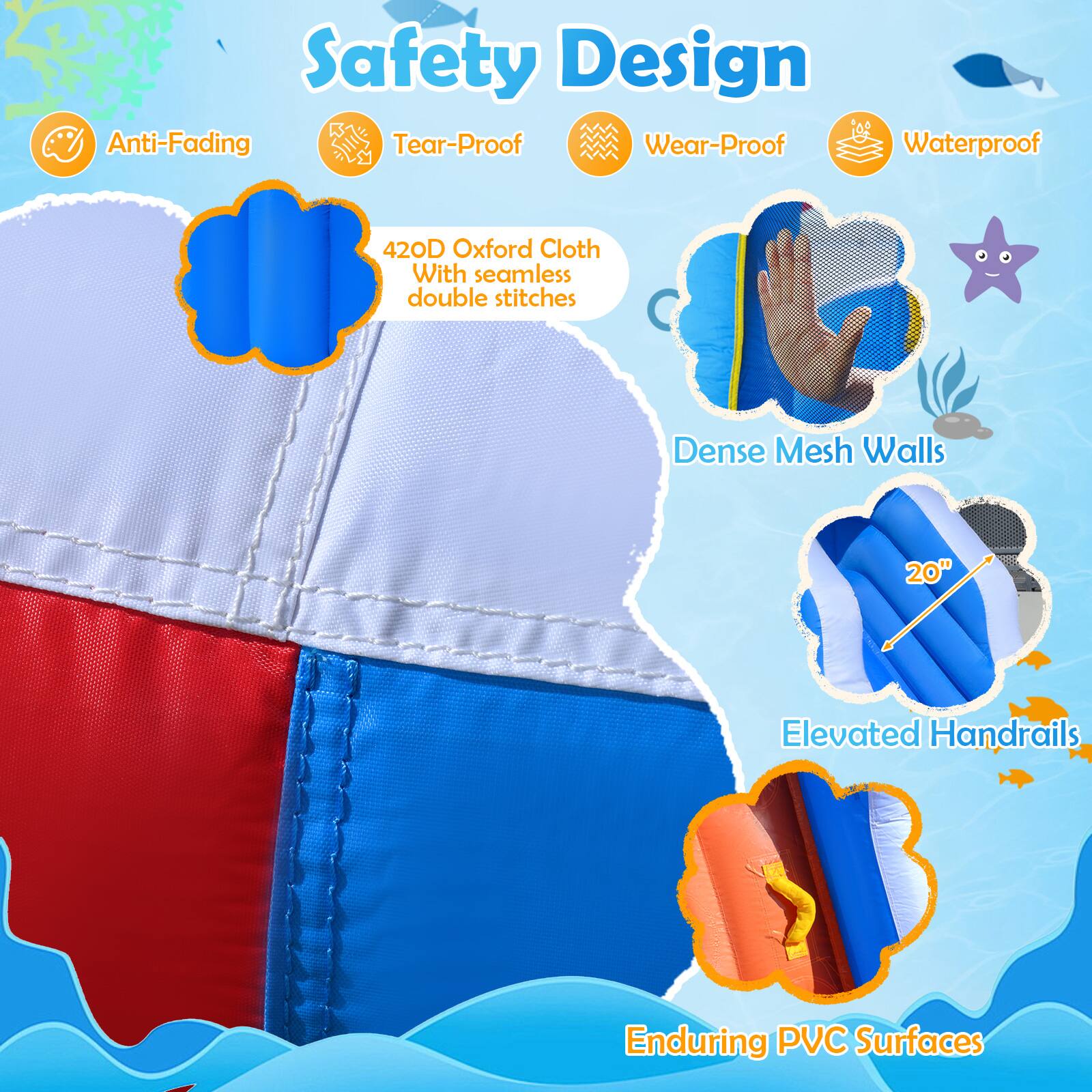 Safety Design  
Anti-Fading  
Tear-Proof  
Wear-Proof  
Waterproof  

420D Oxford Cloth With seamless double stitches  
Dense Mesh Walls  
20"  
Elevated Handrails  
Enduring PVC Surfaces