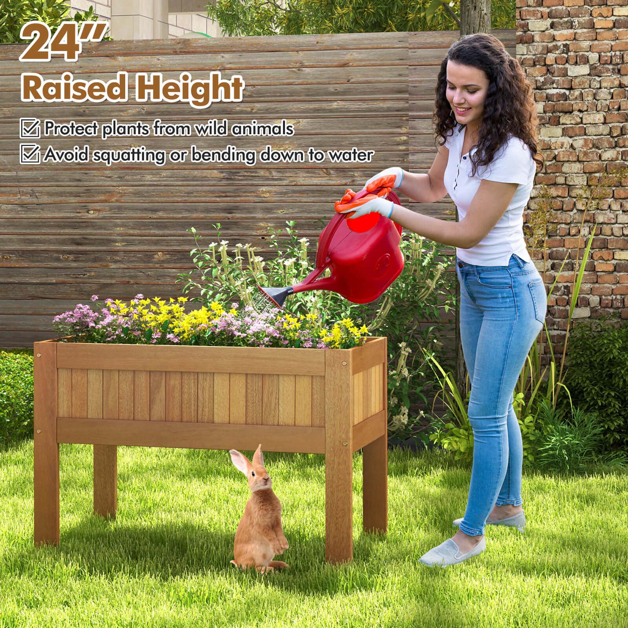 24" Raised Height: Protect plants from wild animals. Avoid squatting or bending down to water.