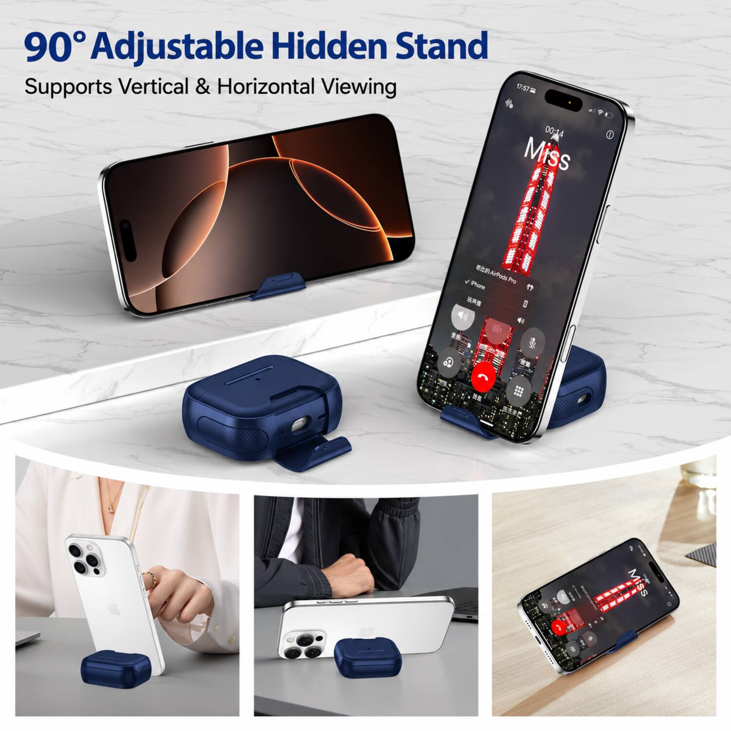 90° Adjustable Hidden Stand  
Supports Vertical & Horizontal Viewing  

17:57 00:14 Miss  
AirPods iPhone Pro  

Miss 46