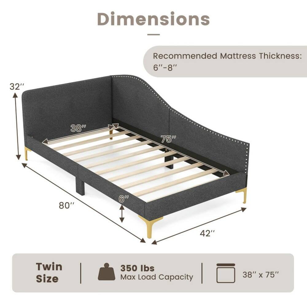 Dimensions - Recommended Mattress Thickness: 6"-8"  
32"  
38"  
75"  
80"  
6"  
42"  
Twin Size  
350 lbs Max Load Capacity  
38" x 75"