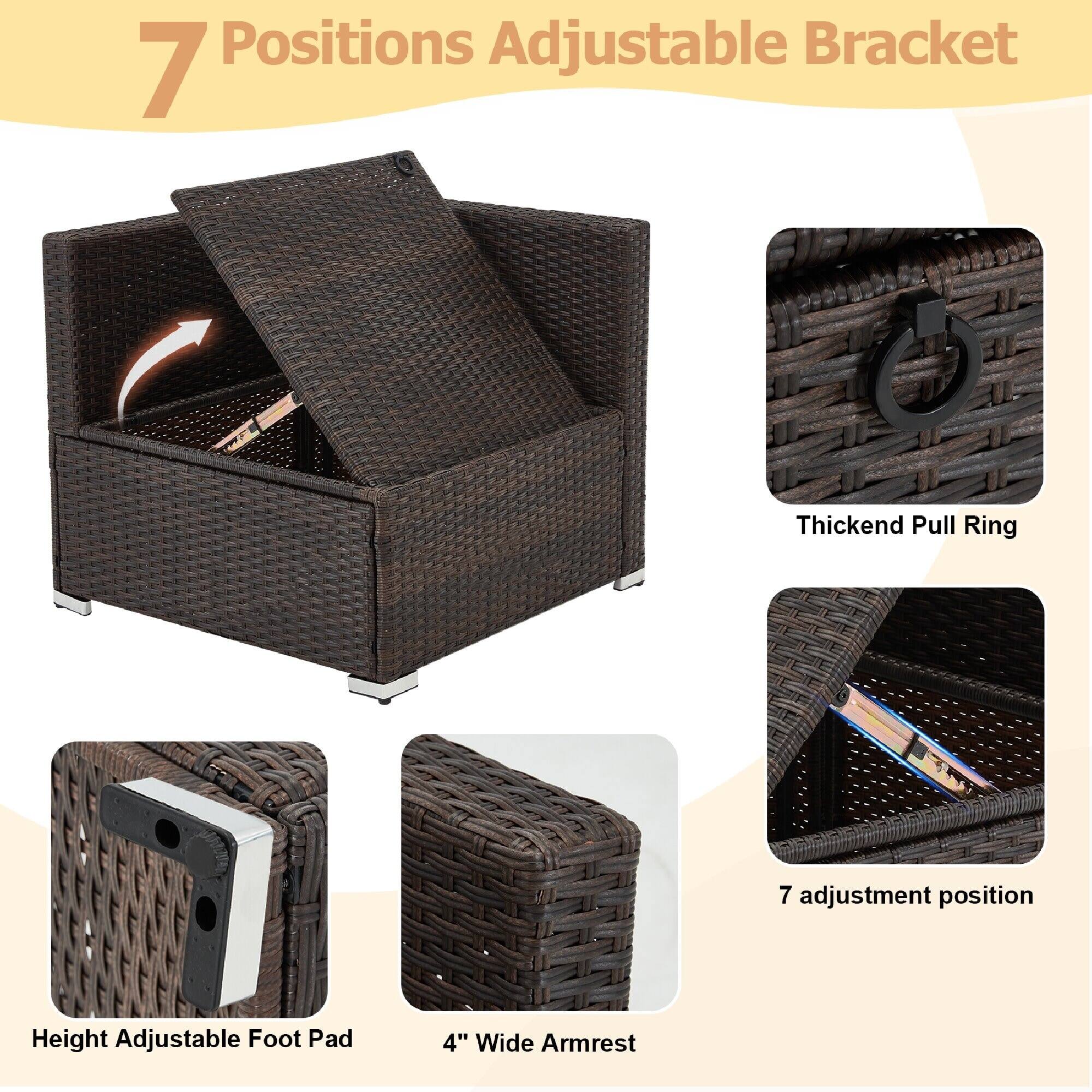 7 Positions Adjustable Bracket  
Thickened Pull Ring  
Height Adjustable Foot Pad  
4" Wide Armrest  
7 adjustment position