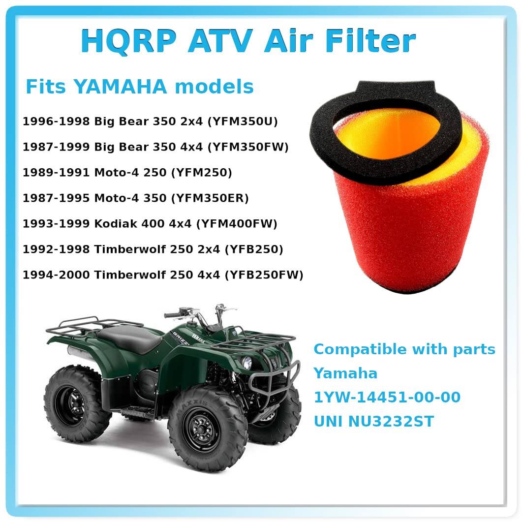 HQRP ATV Air Filter

Fits YAMAHA models

- 1996-1998 Big Bear 350 2x4 (YFM350U)
- 1987-1999 Big Bear 350 4x4 (YFM350FW)
- 1989-1991 Moto-4 250 (YFM250)
- 1987-1995 Moto-4 350 (YFM350ER)
- 1993-1999 Kodiak 400 4x4 (YFM400FW)
- 1992-1998 Timberwolf 250 2x4 (YFB250)
- 1994-2000 Timberwolf 250 4x4 (YFB250FW)

Compatible with parts:
- Yamaha 1YW-14451-00-00
- UNI NU3232ST