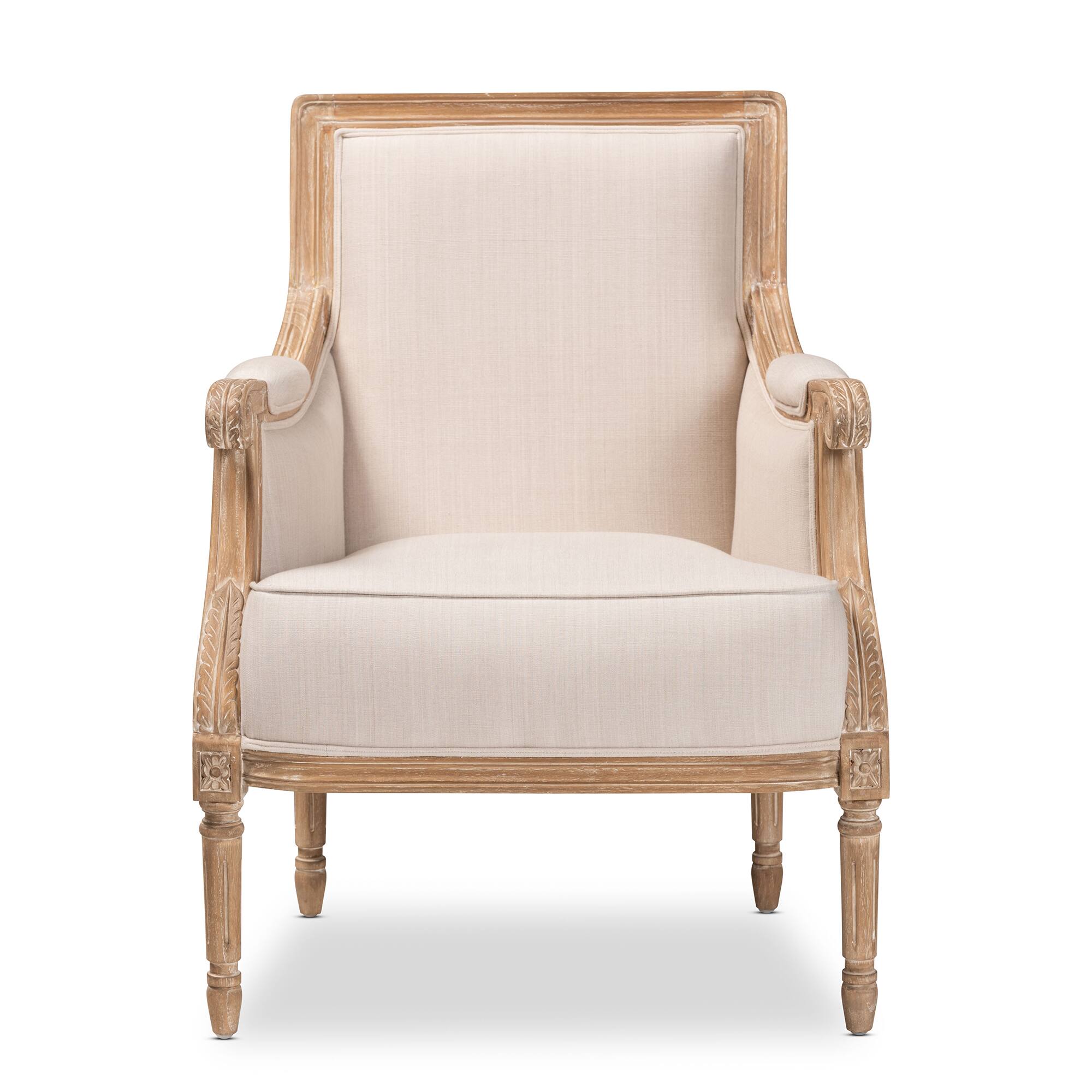 Angle. Baxton Studio - Chavanon Wood & Linen Traditional French Accent Chair - Light Beige/Natural.