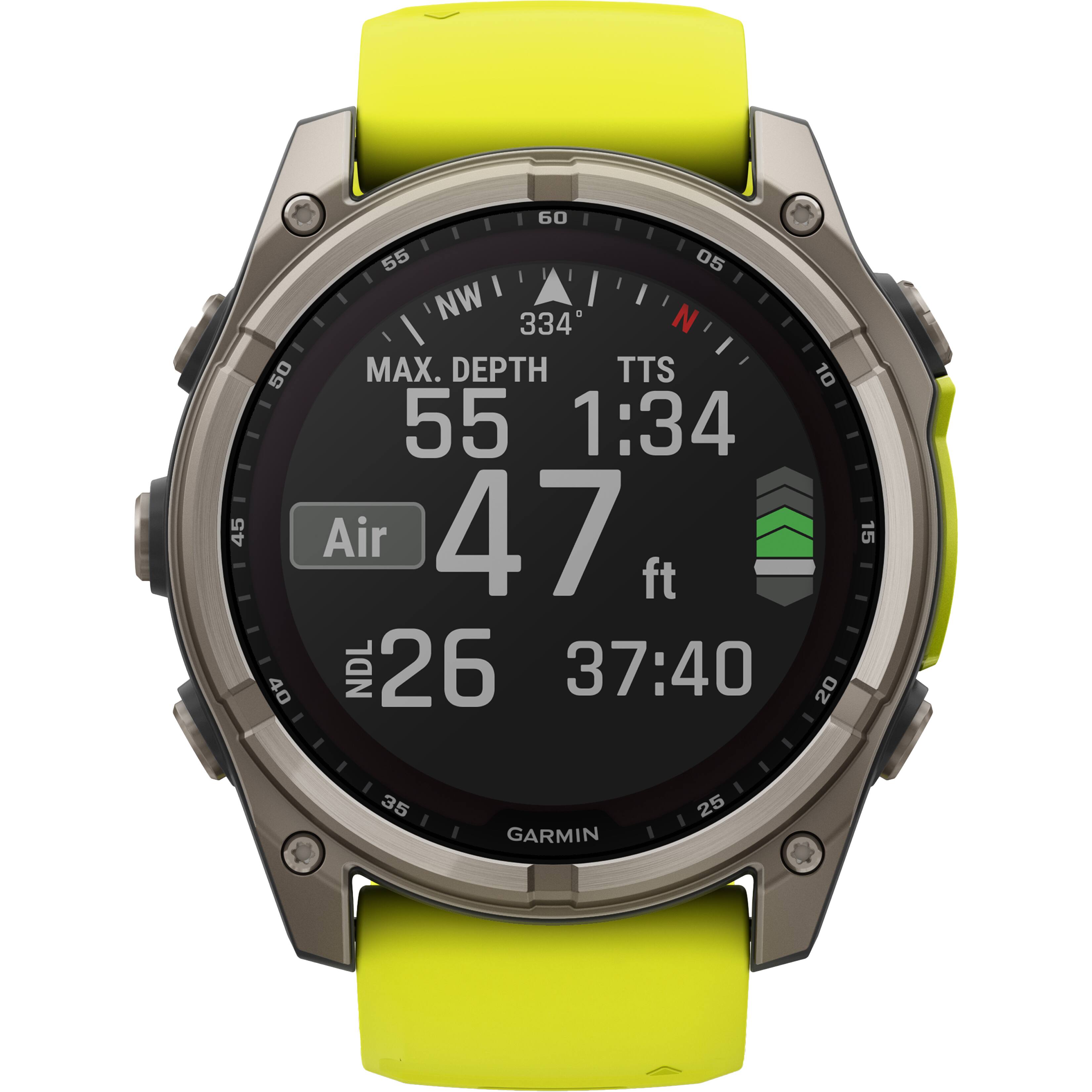 The text on the image reads:

"60 45 50 40 55 05 NW 334 MAX. DEPTH TTS 1:34 Air 47 ft NDL 26 37:40 20 15 35 GARMIN 25."

This text is likely related to the Garmin watch's features and functions, such as air pressure, depth, and temperature. The watch also displays the time, which is 1:34.