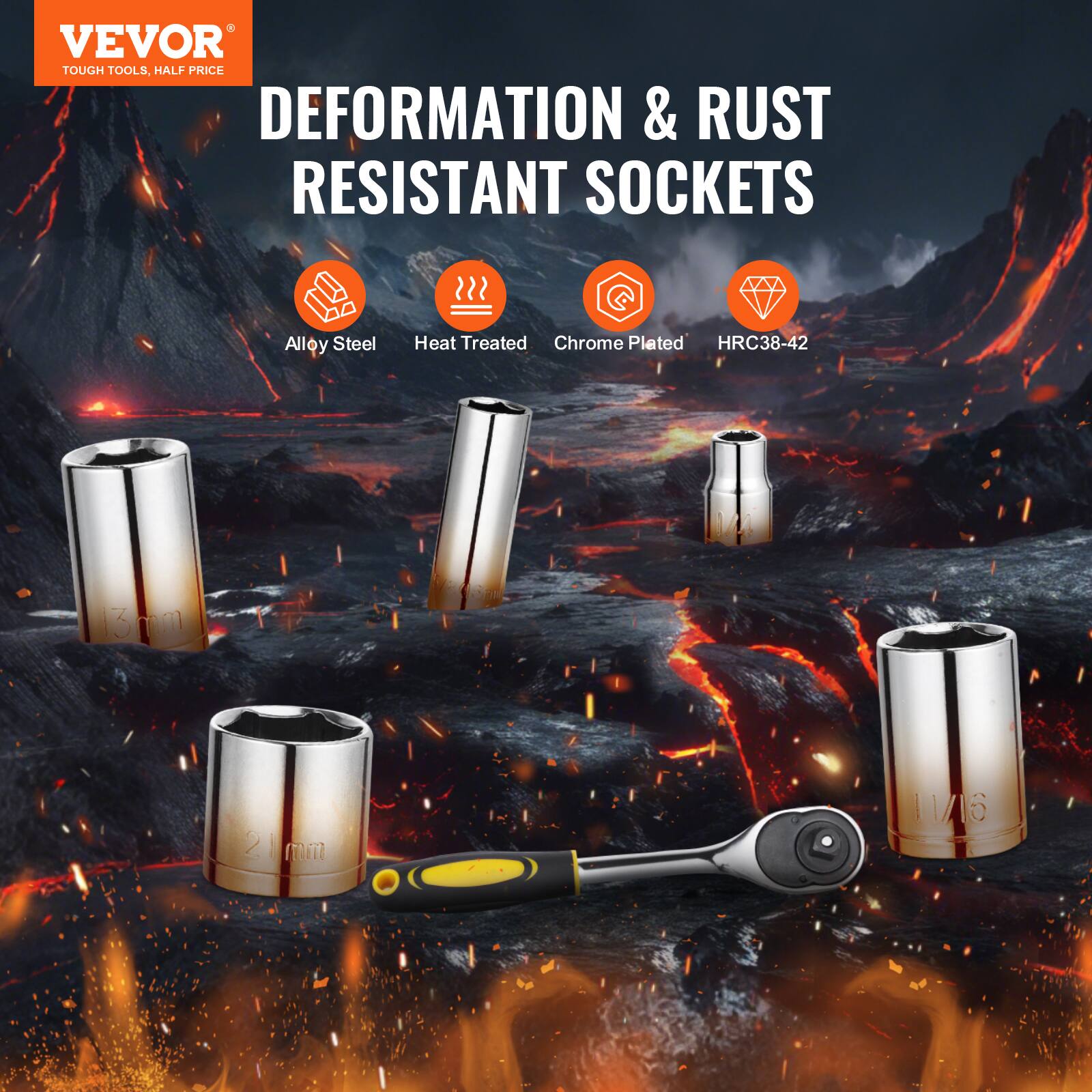 VEVOR TOUGH TOOLS, HALF PRICE DEFORMATION & RUST RESISTANT SOCKETS Alloy Steel Heat Treated Chrome Plated HRC38-42 16mm