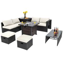 Gymax - 9PCS Furniture Set w/ 32'' Fire Pit Table 50,000 BTU Square Propane Fire Pit Patio White - Black, White