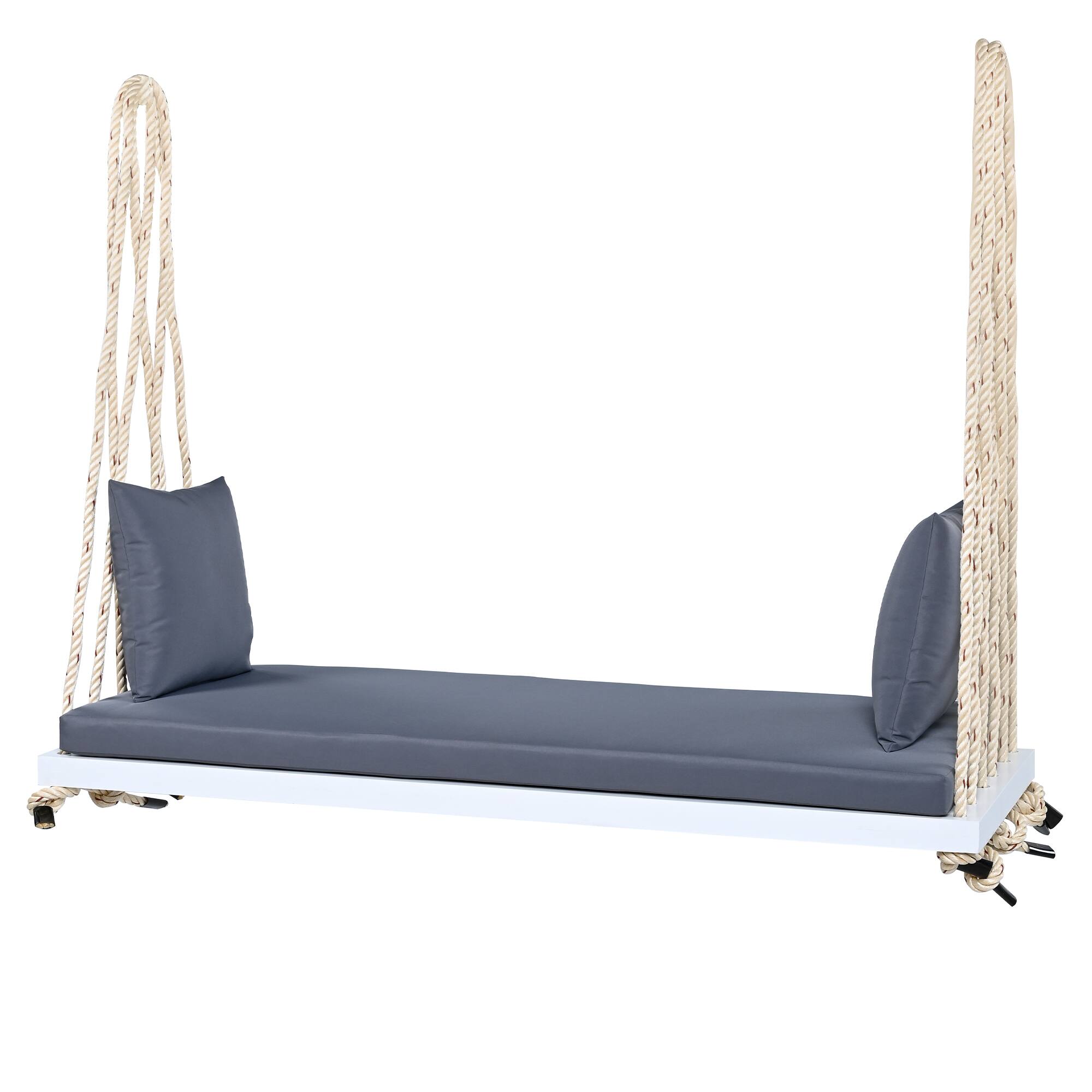 Alt View 4. GOODSILO - Acacia Wood Patio Swing Chair - Hanging Porch Bench with Cushion & Ropes for Garden, Backyard, Lawn - White.