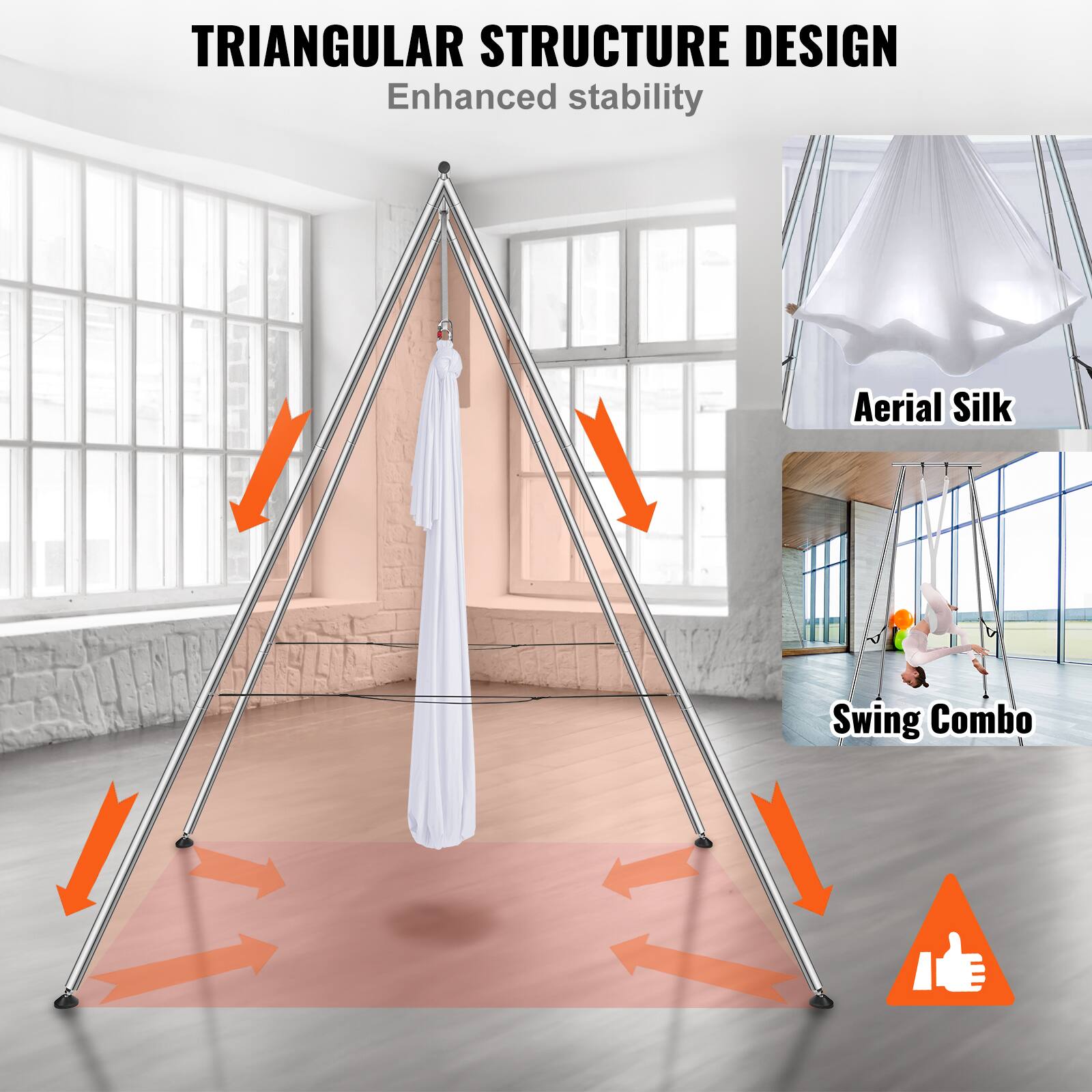TRIANGULAR STRUCTURE DESIGN  
Enhanced stability  

Aerial Silk  
Swing Combo
