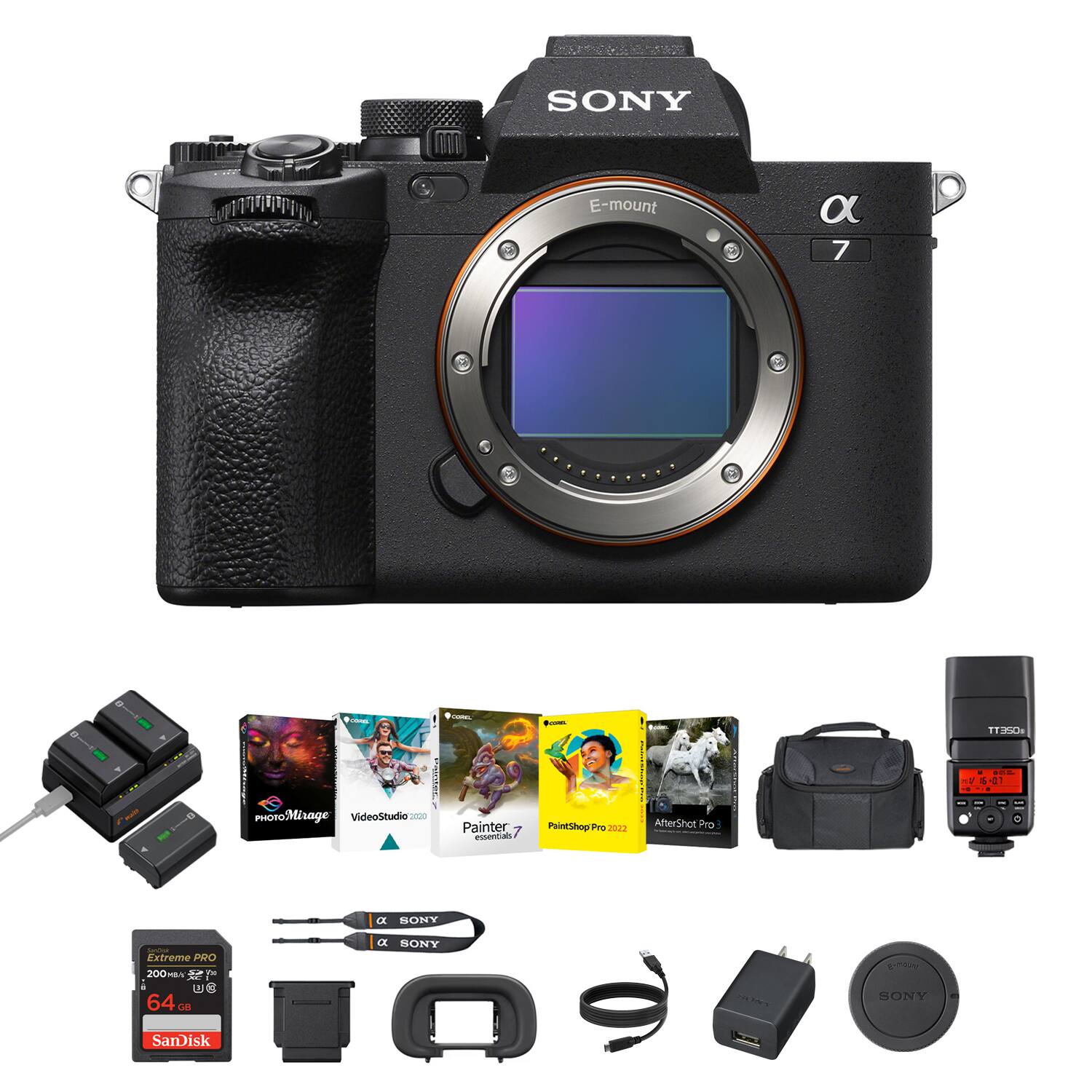 SONY E-mount  
7  
- PhotoMirage  
- VideoStudio Pro X2  
- Painter 7 essentials  
- PaintShop Pro X2  
- AfterShot Pro 3  
- Extreme PRO 200MB  
- 64GB SanDisk  
- SONY α7  
- SONY SanDisk