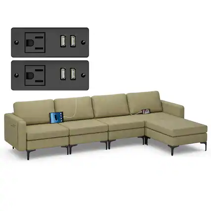 Front. Costway - Costway Modular L-shaped Sectional Sofa w/ Reversible Chaise & 4 USB Ports - Green.