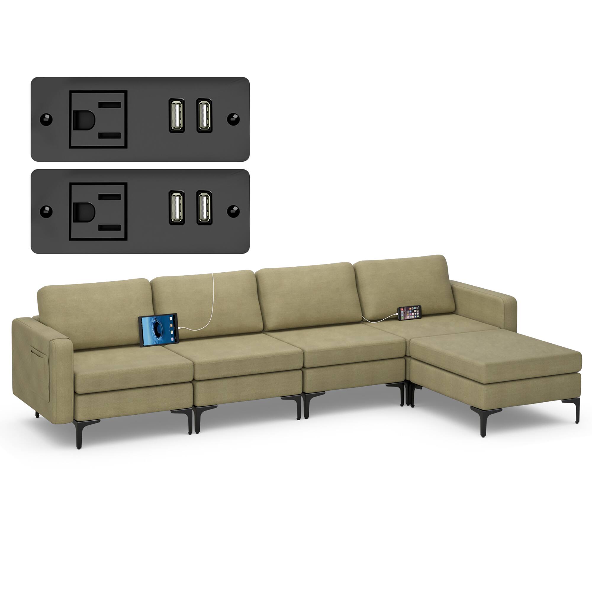 Front. Costway - Costway Modular L-shaped Sectional Sofa w/ Reversible Chaise & 4 USB Ports - Green.