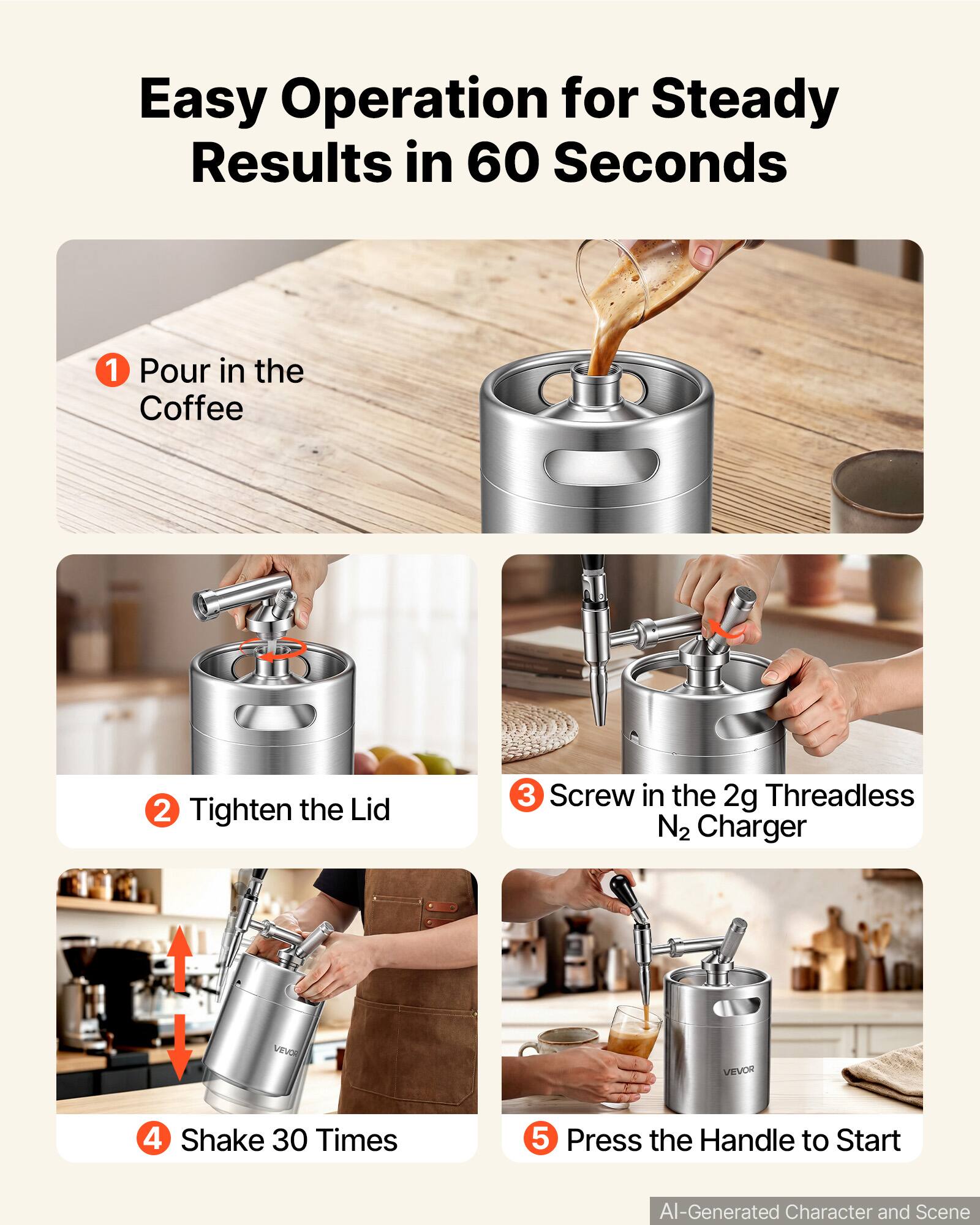 Easy Operation for Steady Results in 60 Seconds

1. Pour in the Coffee
2. Tighten the Lid
3. Screw in the 2g Threadless N2 Charger
4. Shake 30 Times
5. Press the Handle to Start

AI-Generated Character and Scene